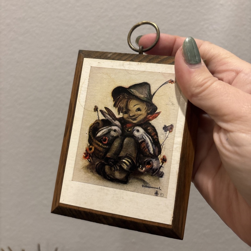 Hummel "Playmates" Vintage 70's Wood Plaque w/brass hanger Germany Boy w/bunnies